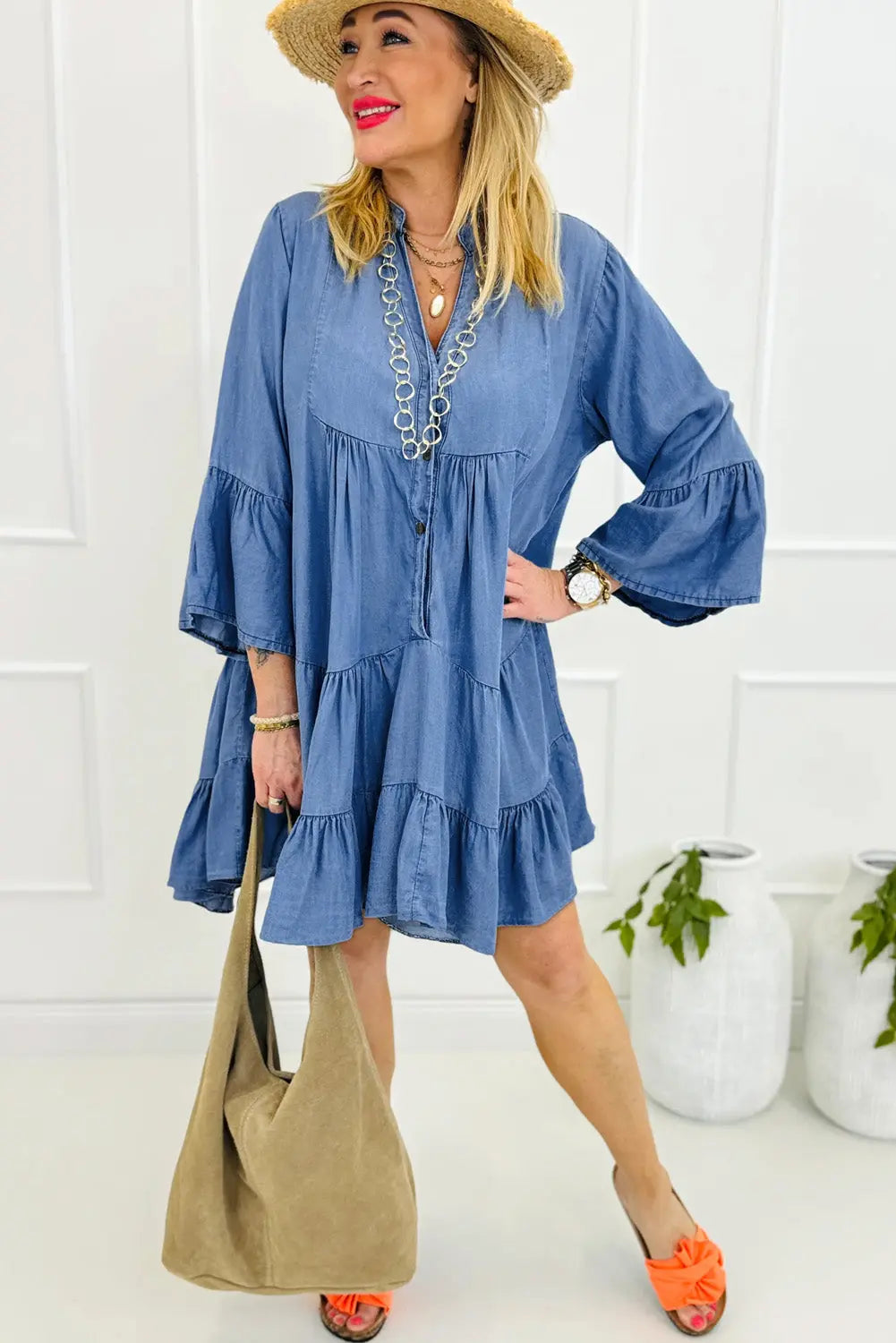 Black Chambray Ruffled 3/4 Sleeve Tiered Split V Neck Mini Dress - eAura