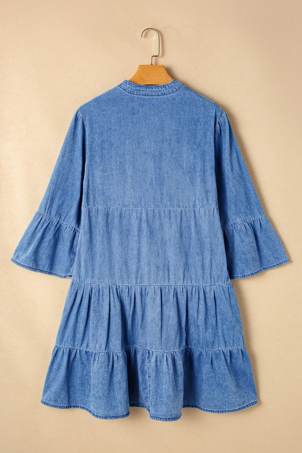 Black Chambray Ruffled 3/4 Sleeve Tiered Split V Neck Mini Dress - eAura