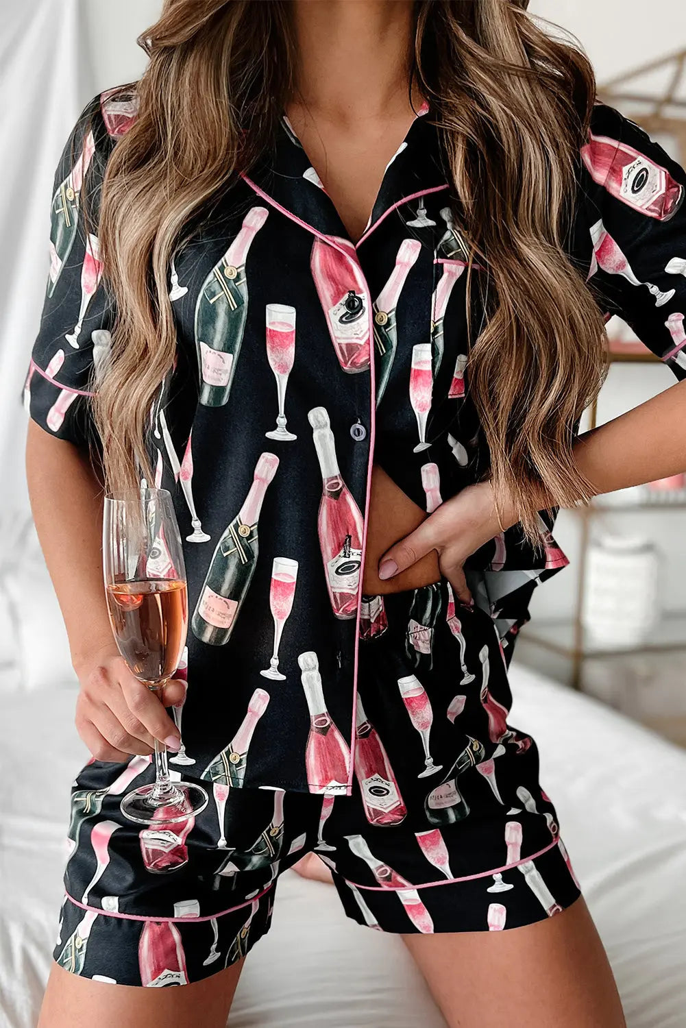 Black Champagne Print Silky Short Sleeve Pyjamas Set eAura