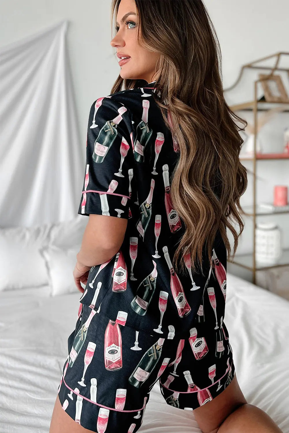 Black Champagne Print Silky Short Sleeve Pyjamas Set eAura
