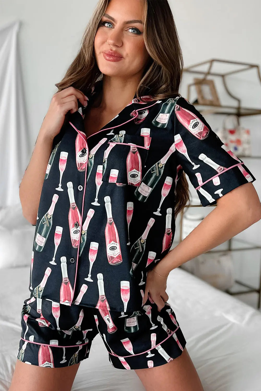 Black Champagne Print Silky Short Sleeve Pyjamas Set eAura