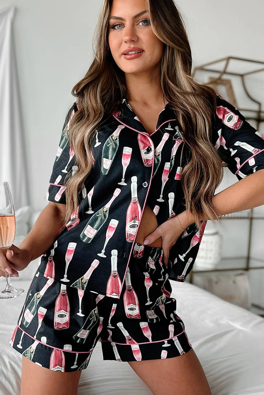 Black Champagne Print Silky Short Sleeve Pyjamas Set eAura