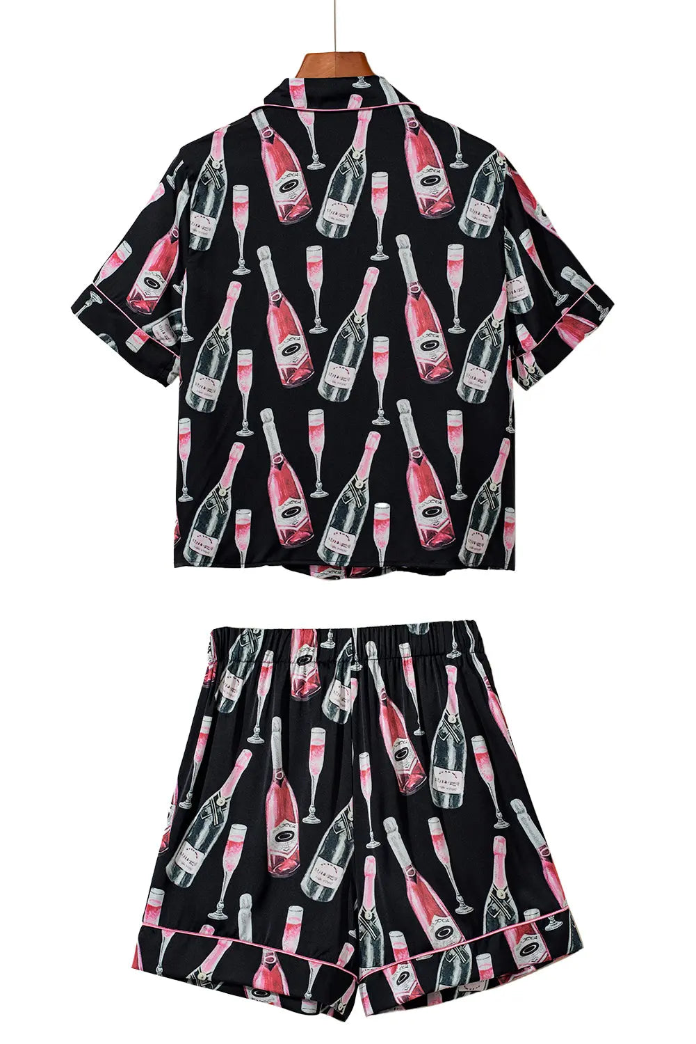 Black Champagne Print Silky Short Sleeve Pyjamas Set eAura
