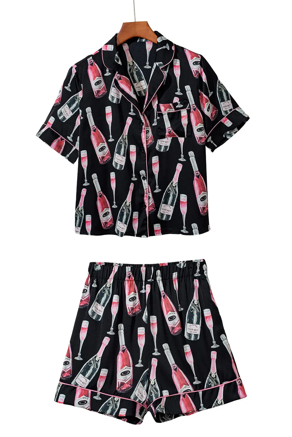 Black Champagne Print Silky Short Sleeve Pyjamas Set eAura