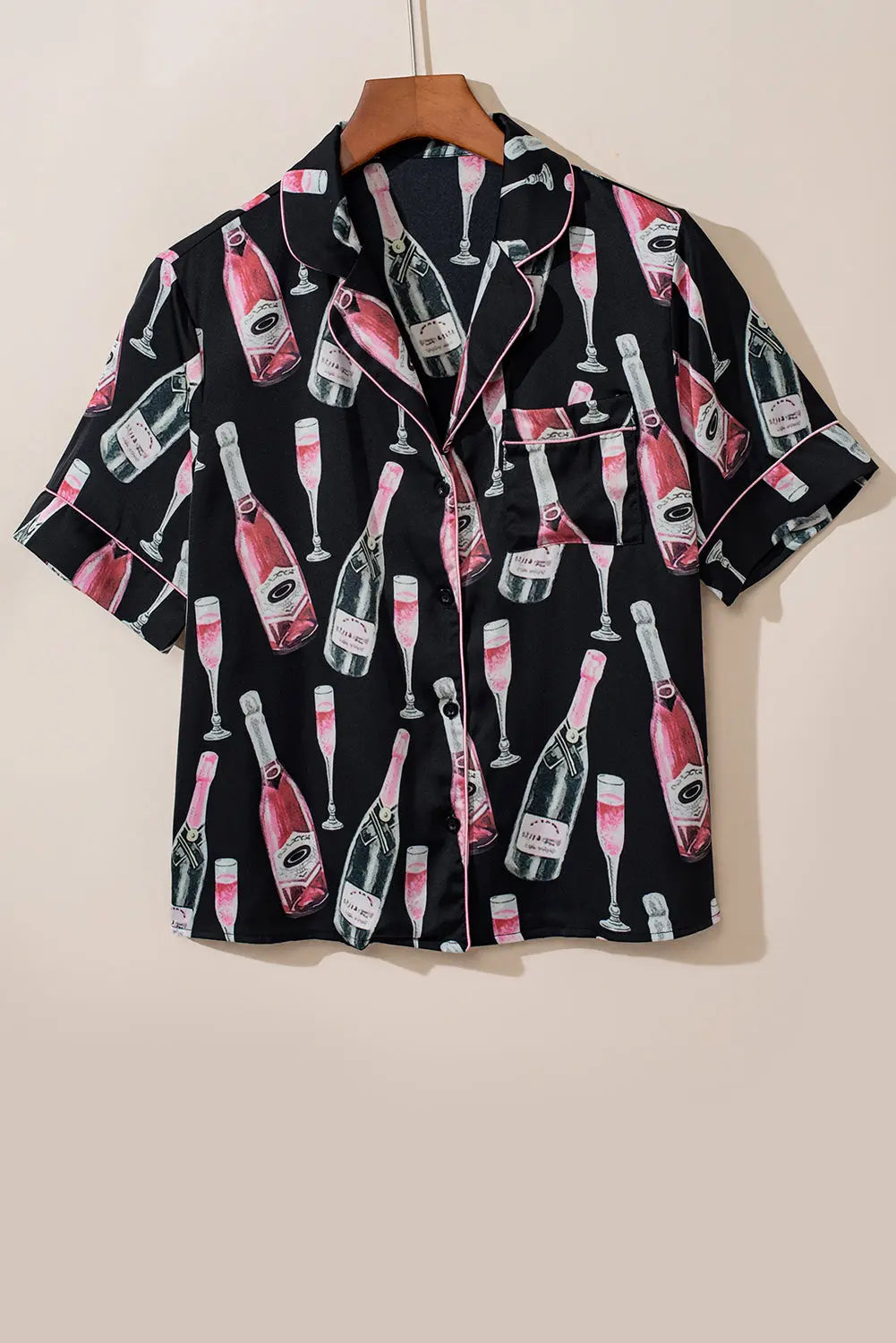 Black Champagne Print Silky Short Sleeve Pyjamas Set eAura