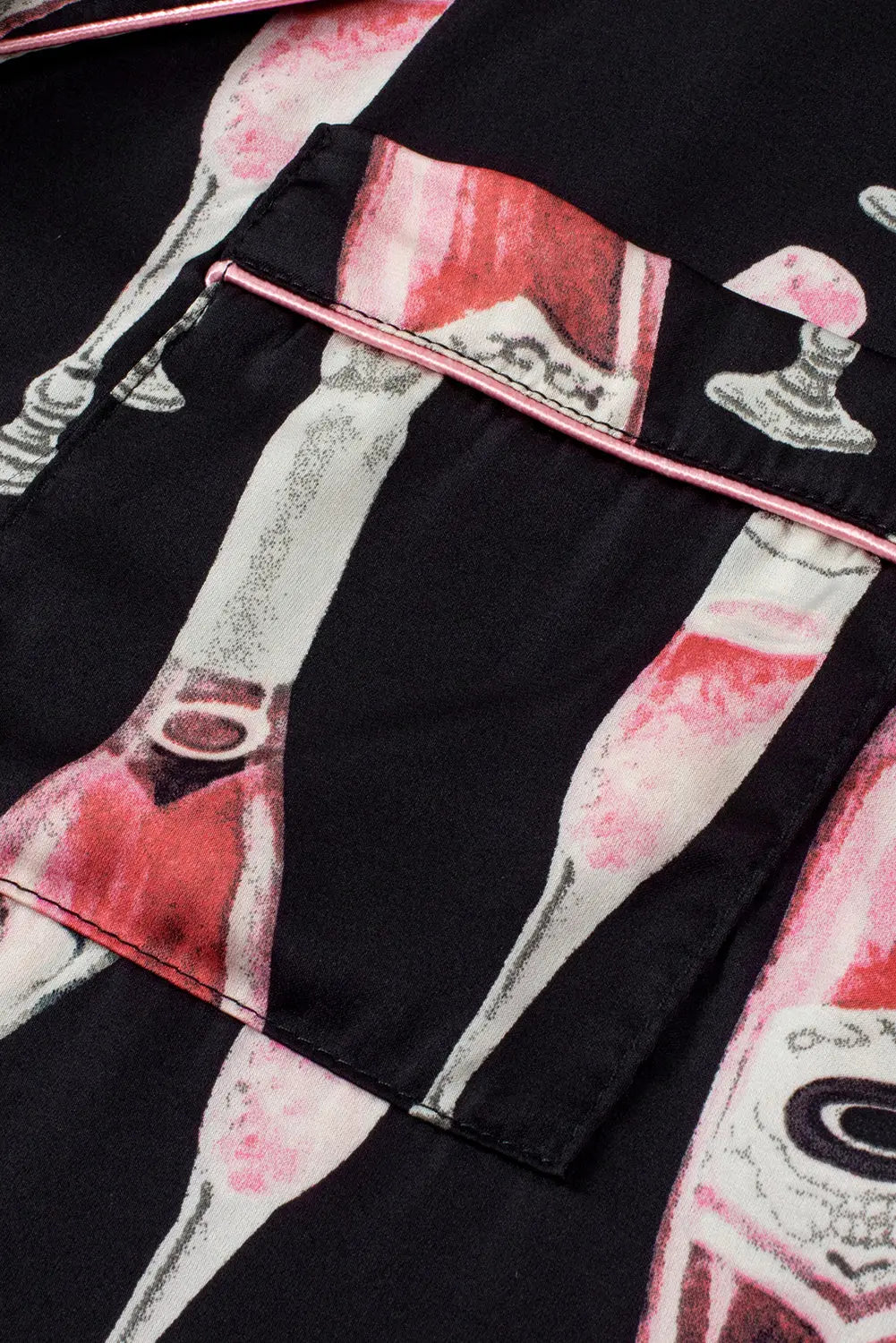 Black Champagne Print Silky Short Sleeve Pyjamas Set eAura