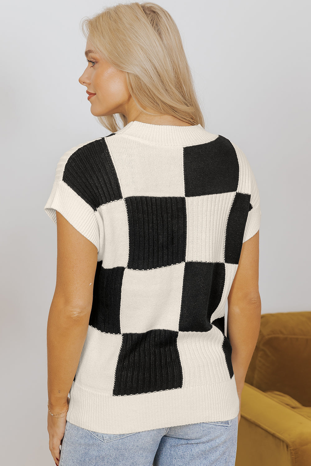 Black Checkered Colour Block Crew Neck Short Sleeve Sweater - Sweaters & Cardigans/Short