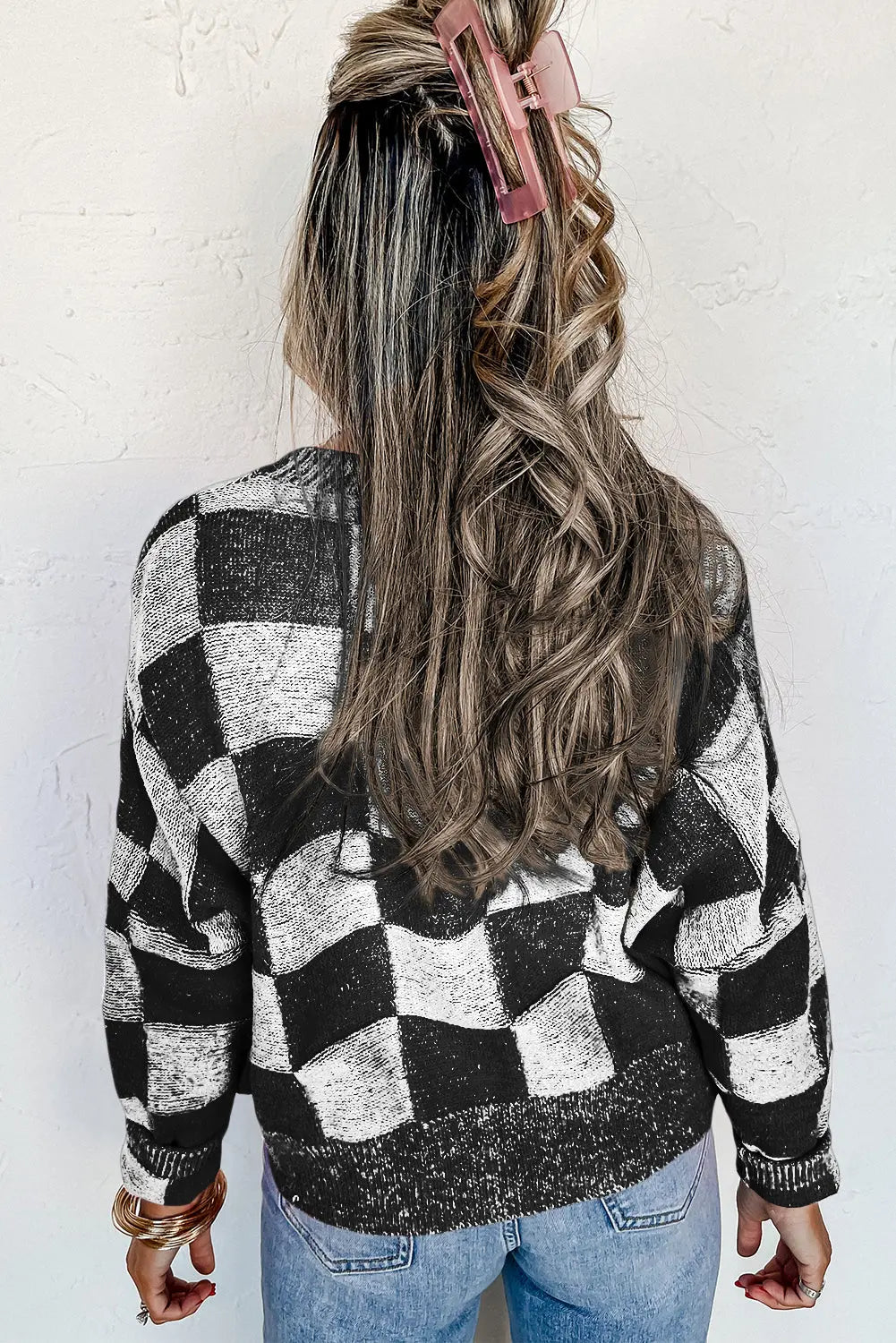 Black Checkered Drop Shoulder Buttoned V Neck Cardigan eAura