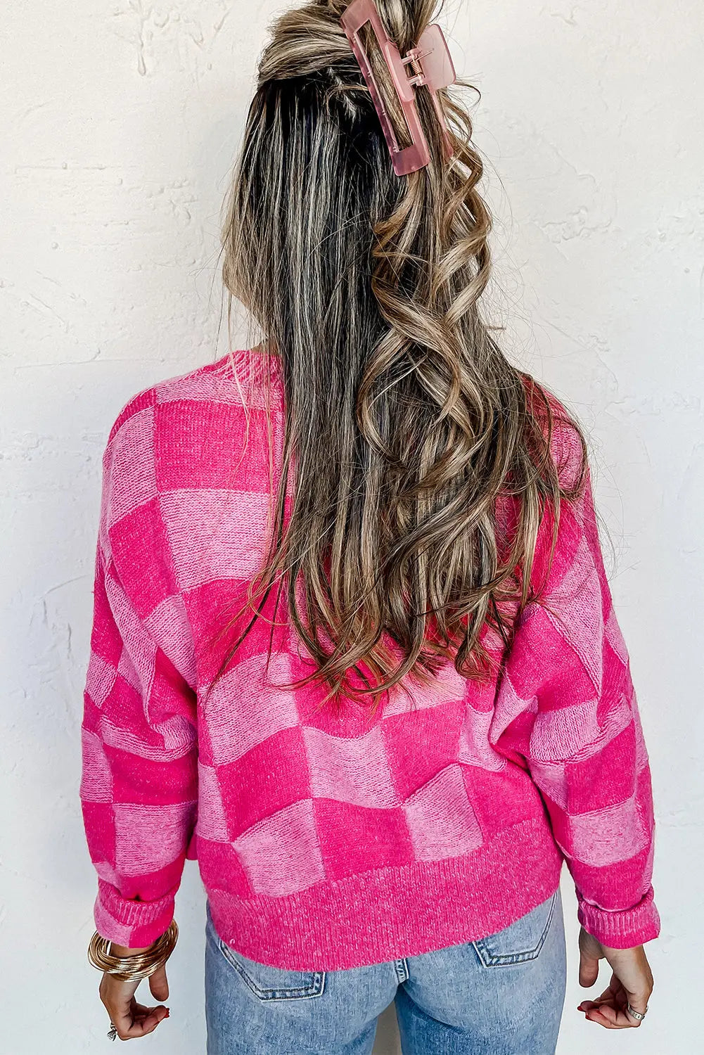 Black Checkered Drop Shoulder Buttoned V Neck Cardigan eAura