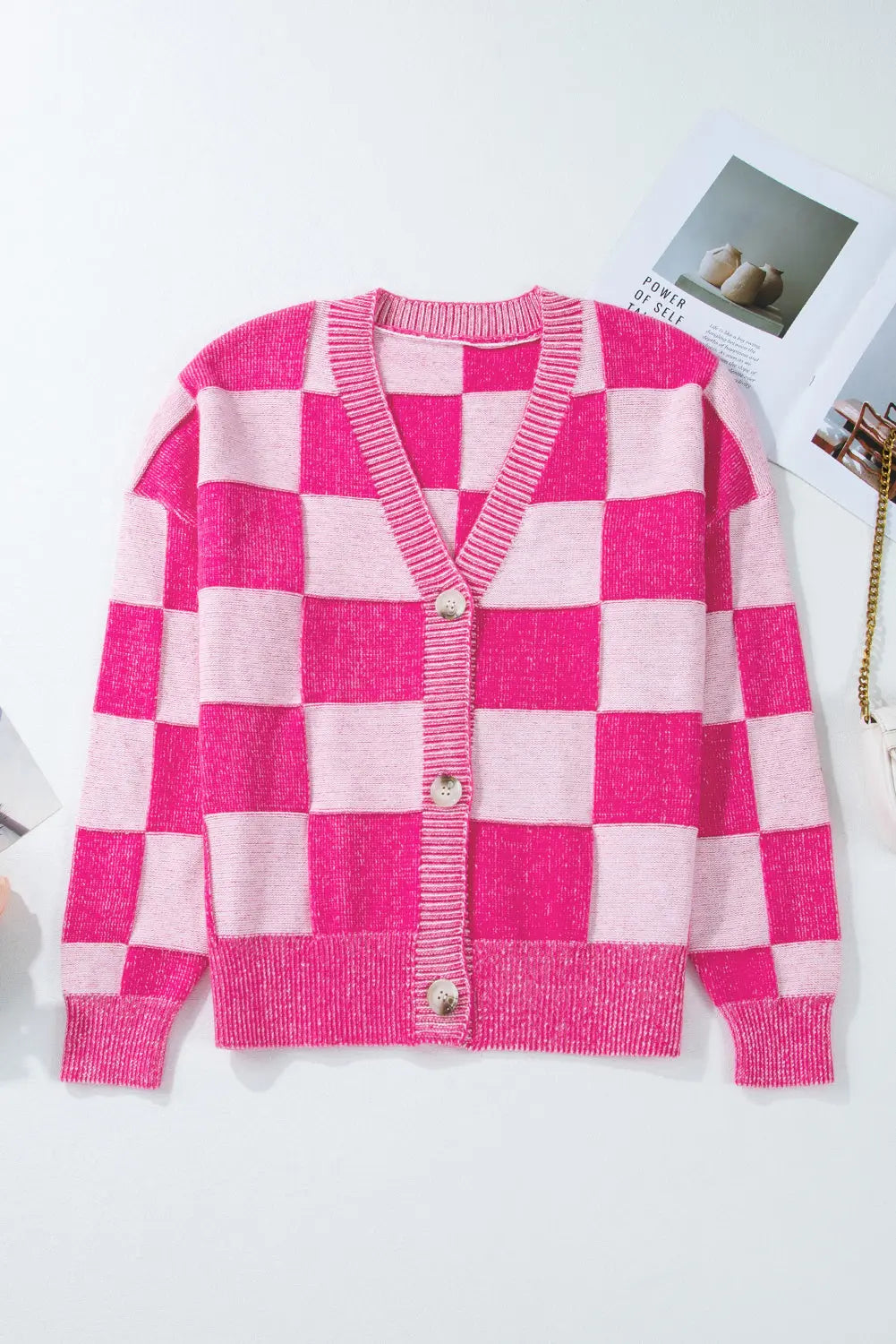 Black Checkered Drop Shoulder Buttoned V Neck Cardigan eAura