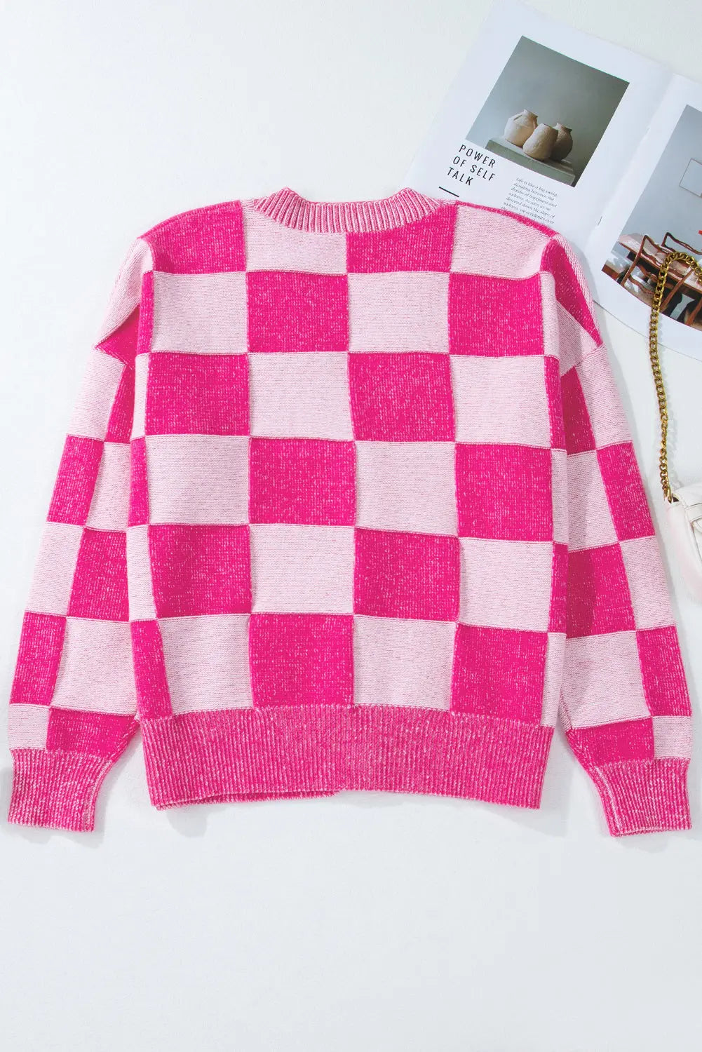 Black Checkered Drop Shoulder Buttoned V Neck Cardigan eAura