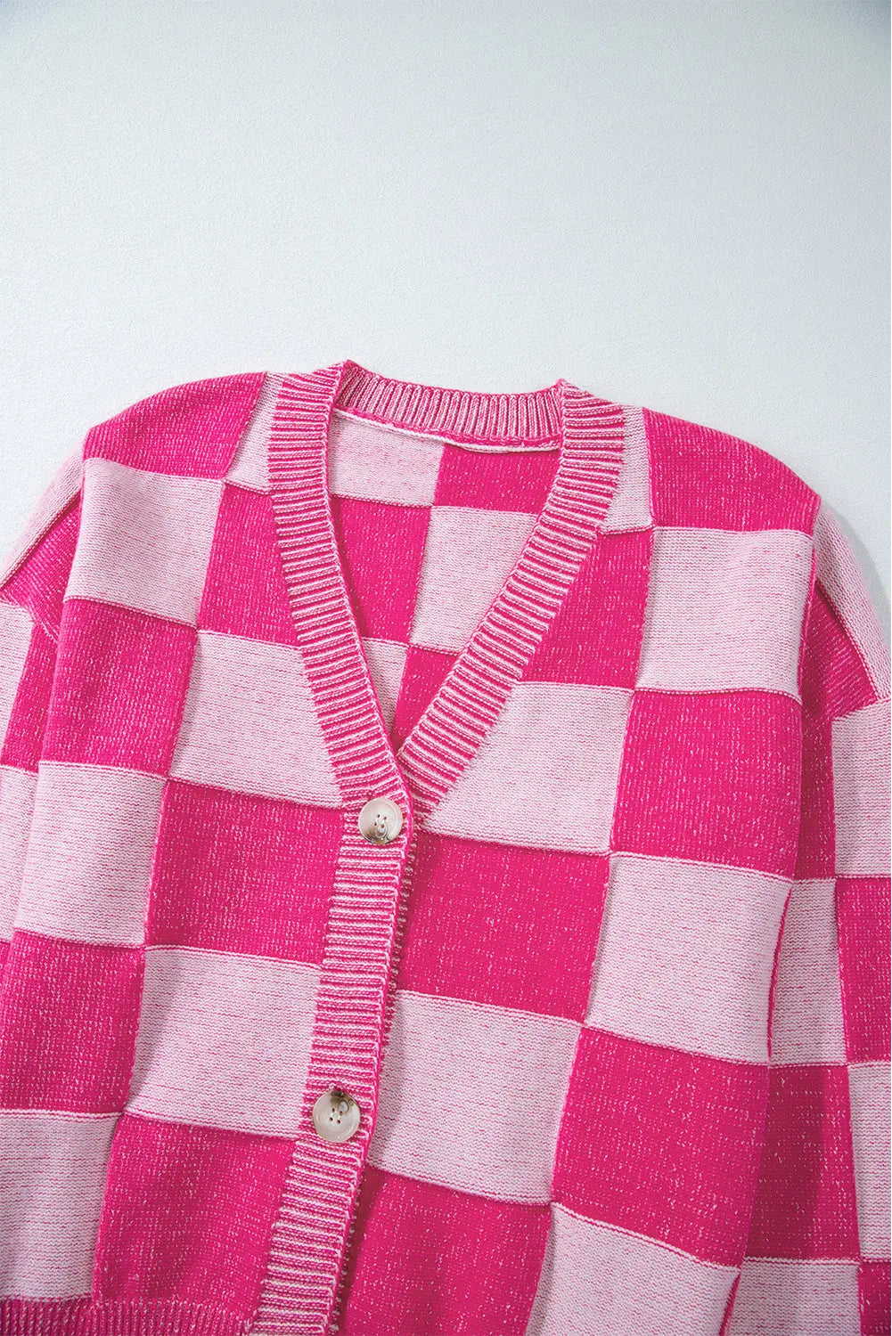 Black Checkered Drop Shoulder Buttoned V Neck Cardigan eAura
