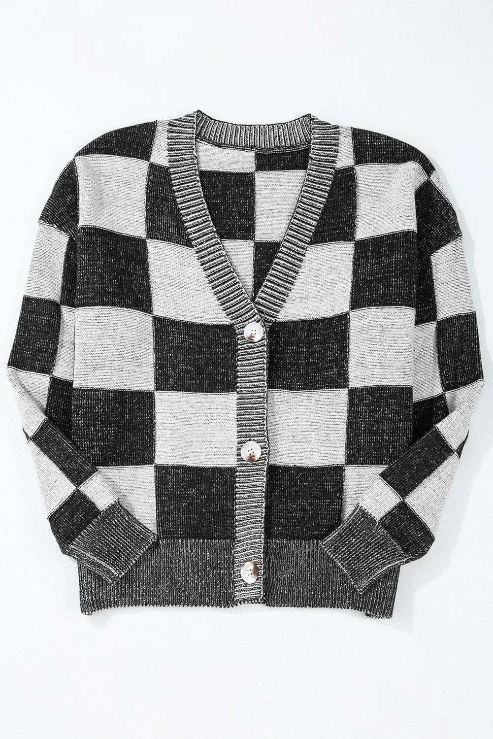 Black Checkered Drop Shoulder Buttoned V Neck Cardigan eAura