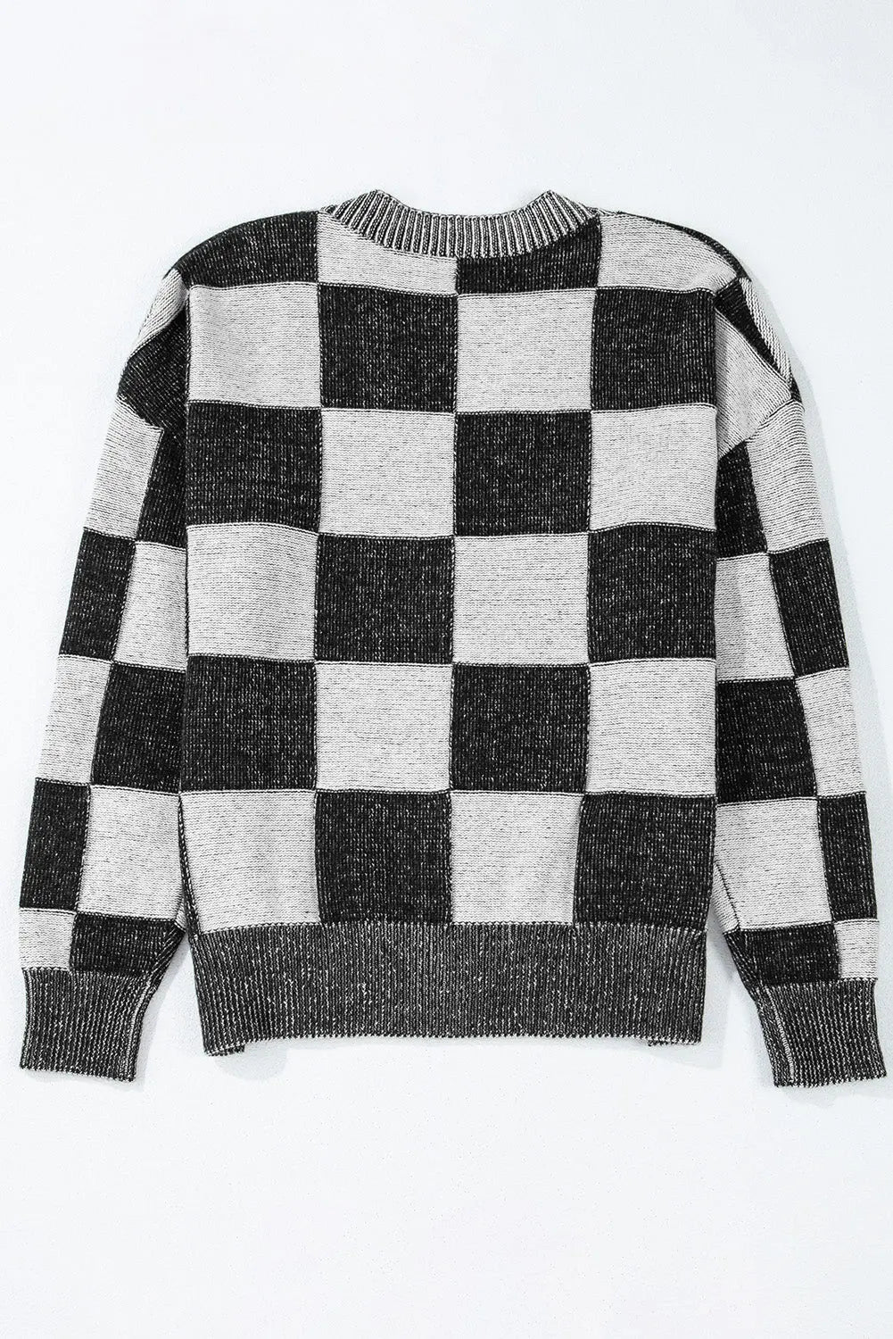 Black Checkered Drop Shoulder Buttoned V Neck Cardigan eAura