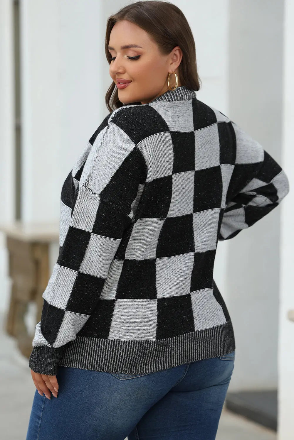 Black Checkered Drop Shoulder Buttoned V Neck Cardigan eAura