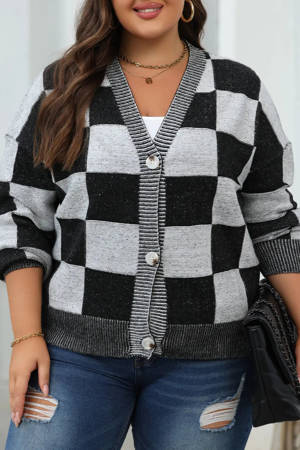 Black Checkered Drop Shoulder Buttoned V Neck Cardigan eAura