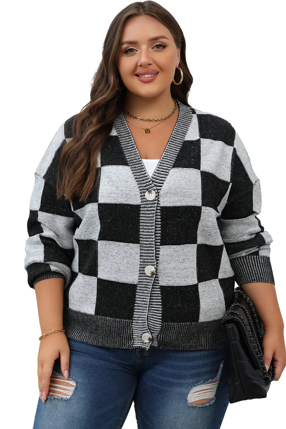 Black Checkered Drop Shoulder Buttoned V Neck Cardigan eAura