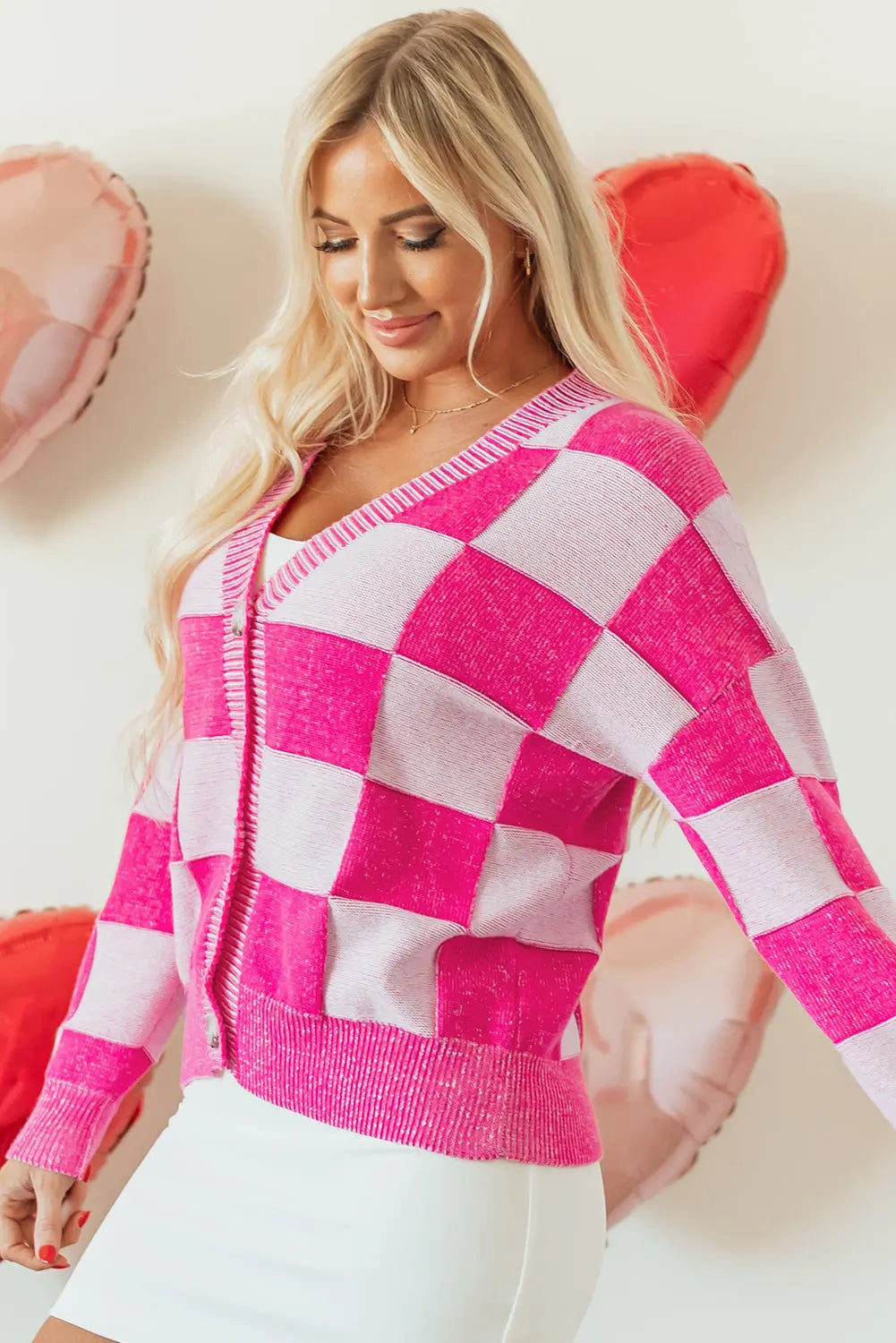 Black Checkered Drop Shoulder Buttoned V Neck Cardigan eAura