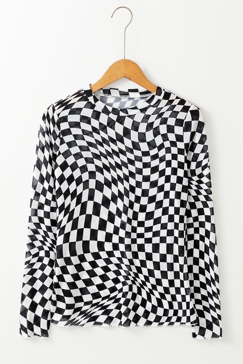 Black Checkered Pattern Mesh Mock Neck Long Sleeve Top - eAura