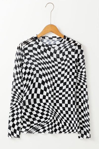 Black Checkered Pattern Mesh Mock Neck Long Sleeve Top - BLACK / S / 95% POLYESTER + 5% ELASTANE - Tops/Long Tops