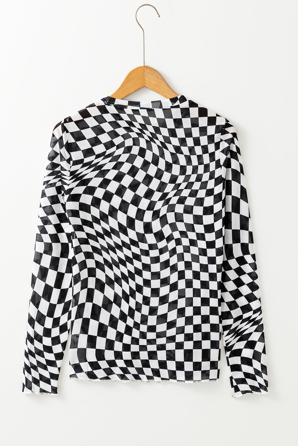 Black Checkered Pattern Mesh Mock Neck Long Sleeve Top - eAura
