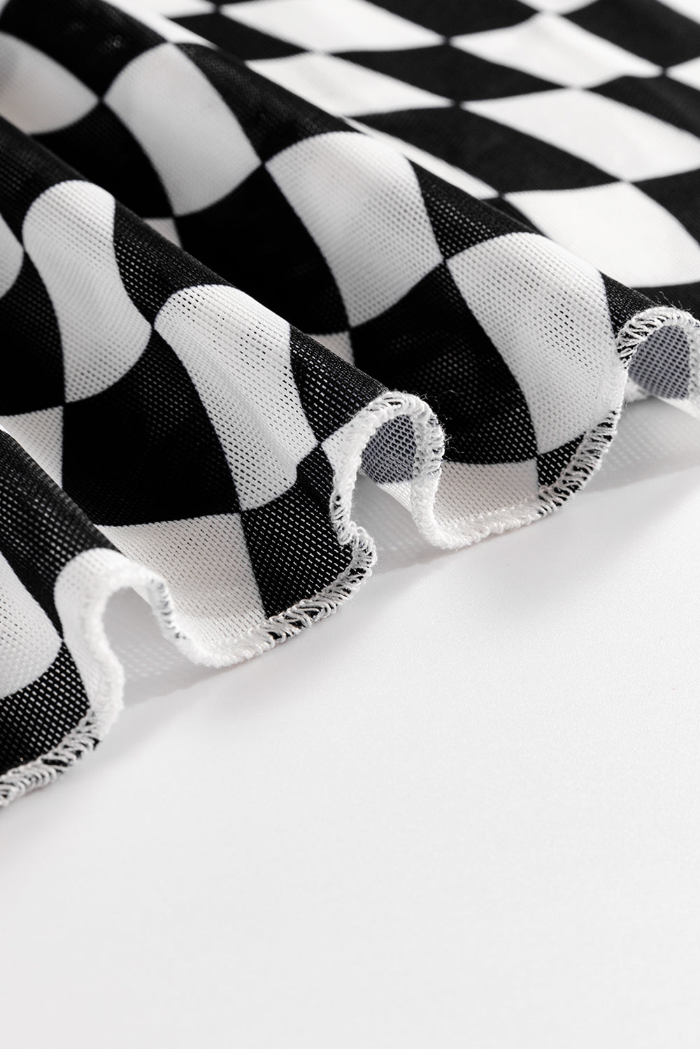 Black Checkered Pattern Mesh Mock Neck Long Sleeve Top - Tops/Long Tops