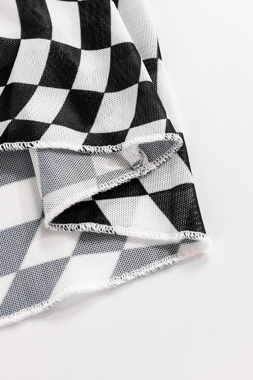 Black Checkered Pattern Mesh Mock Neck Long Sleeve Top - Tops/Long Tops