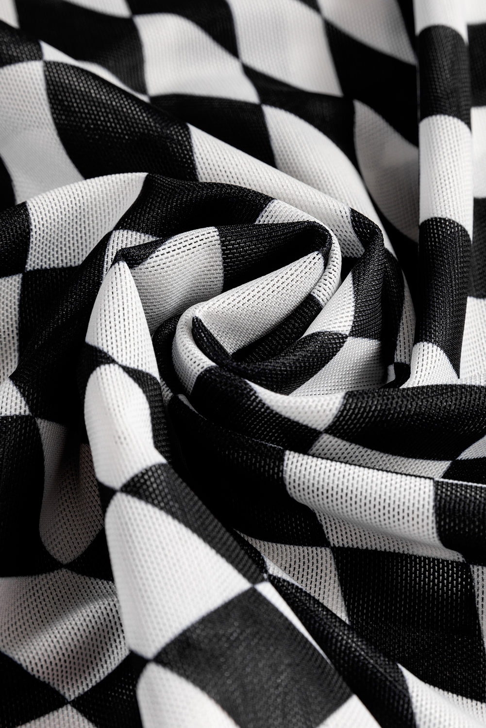 Black Checkered Pattern Mesh Mock Neck Long Sleeve Top - Tops/Long Tops