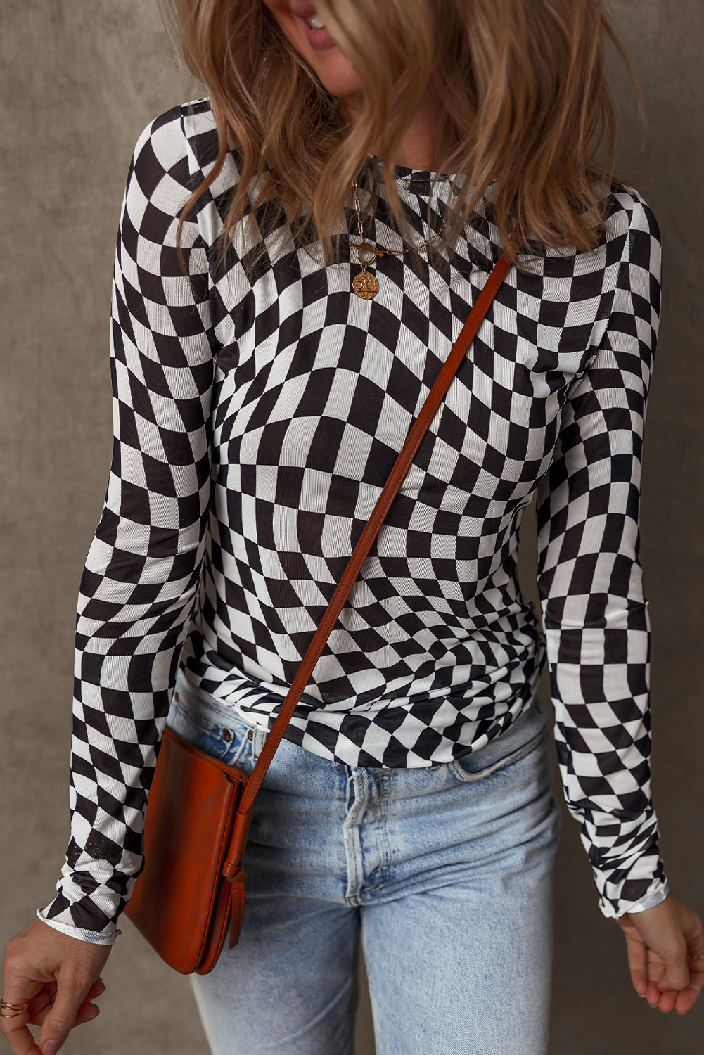 Black Checkered Pattern Mesh Mock Neck Long Sleeve Top - Tops/Long Tops