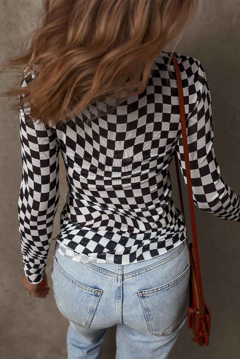 Black Checkered Pattern Mesh Mock Neck Long Sleeve Top - Tops/Long Tops