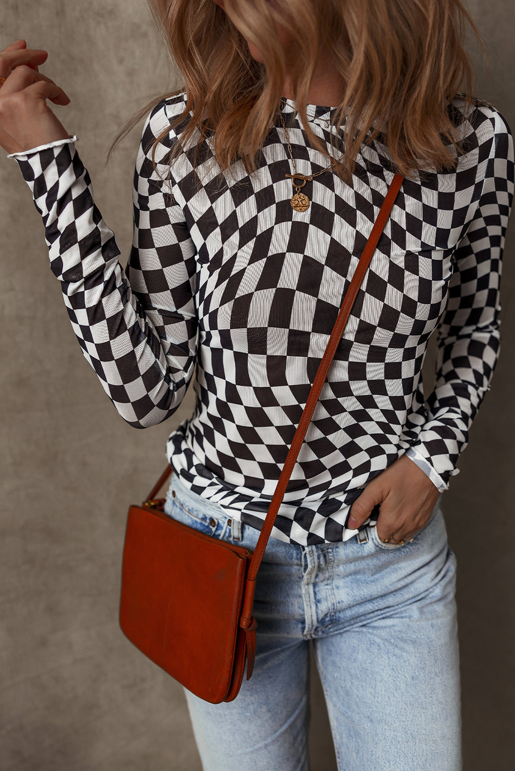 Black Checkered Pattern Mesh Mock Neck Long Sleeve Top - Tops/Long Tops