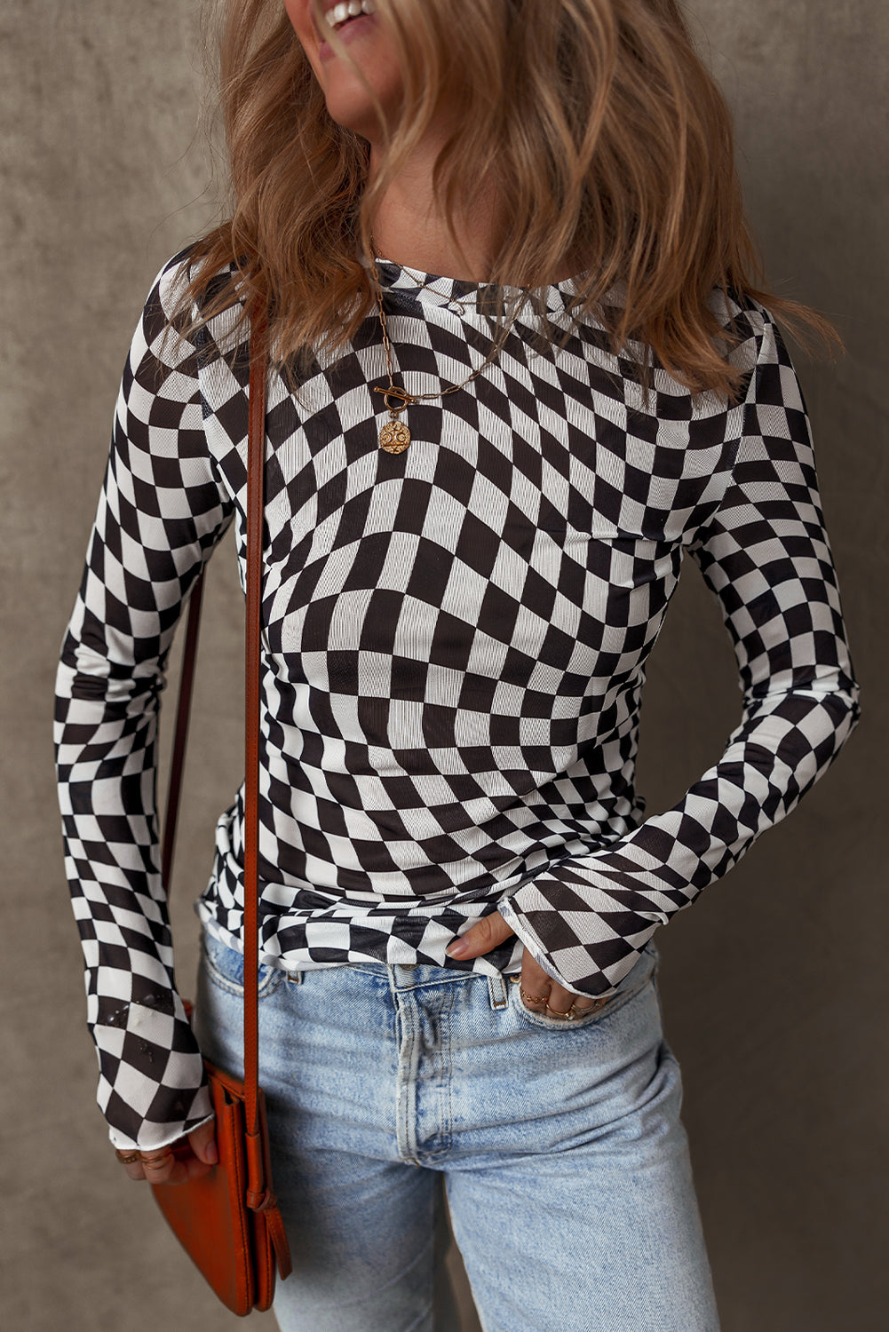 Black Checkered Pattern Mesh Mock Neck Long Sleeve Top - Tops/Long Tops