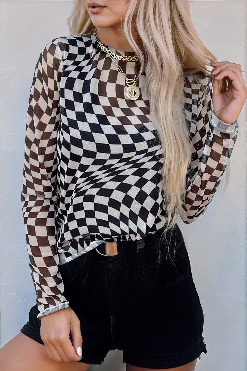 Black Checkered Pattern Mesh Mock Neck Long Sleeve Top - Tops/Long Tops