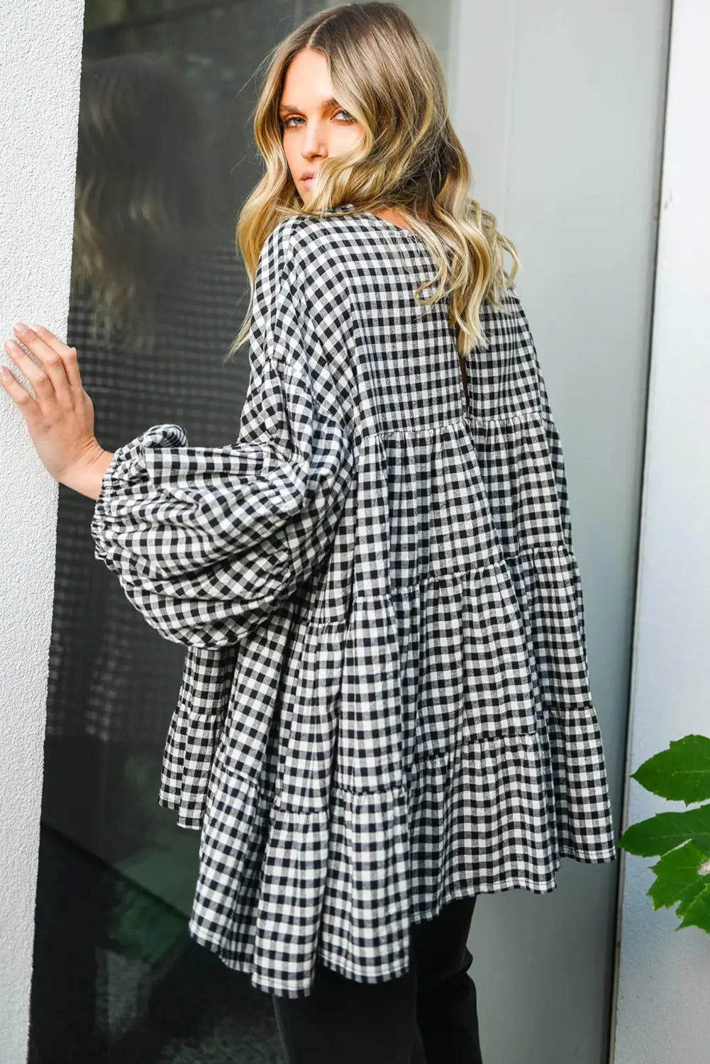 Black Checkered Puff Sleeve Tiered Loose Babydoll Blouse eAura