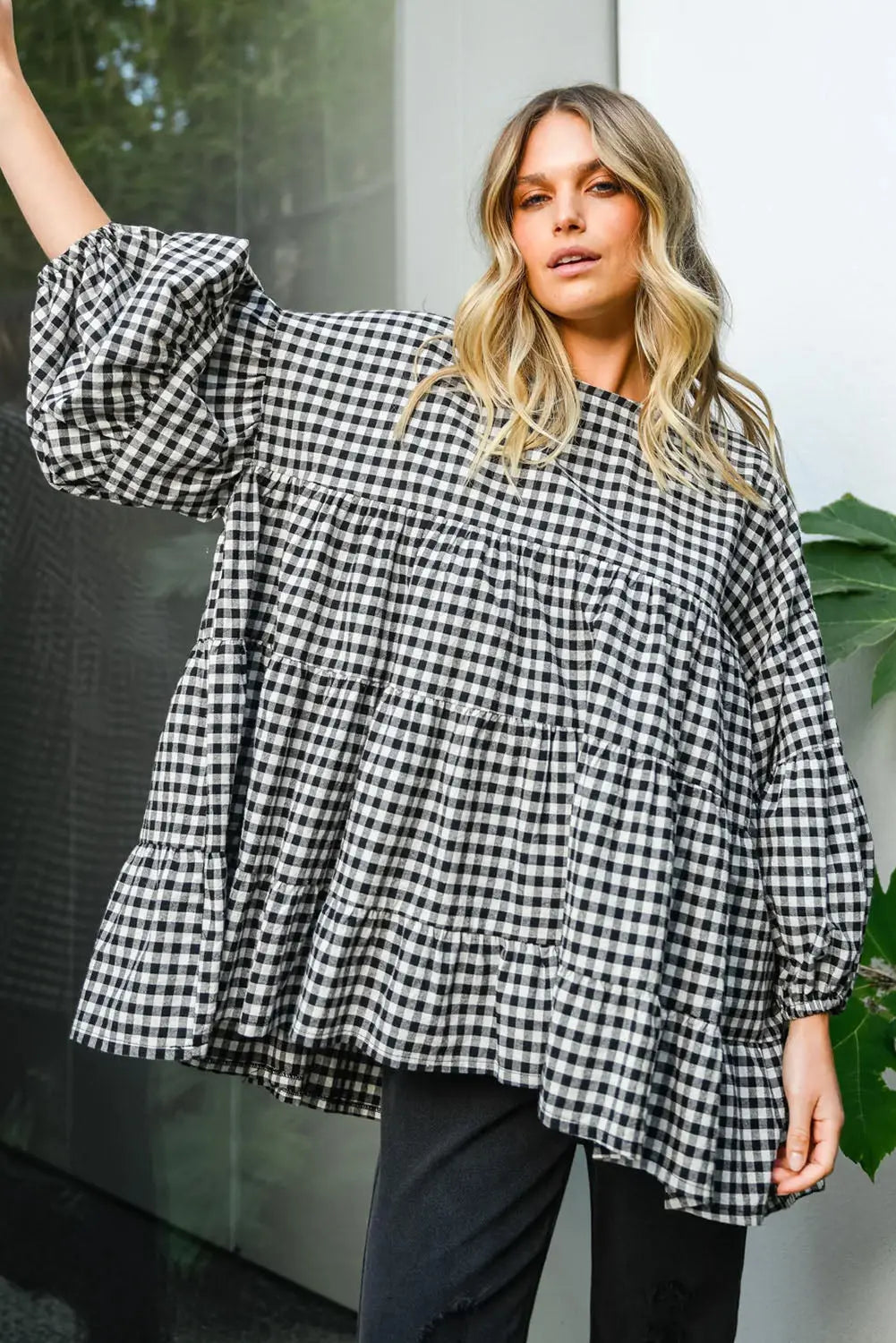 Black Checkered Puff Sleeve Tiered Loose Babydoll Blouse eAura