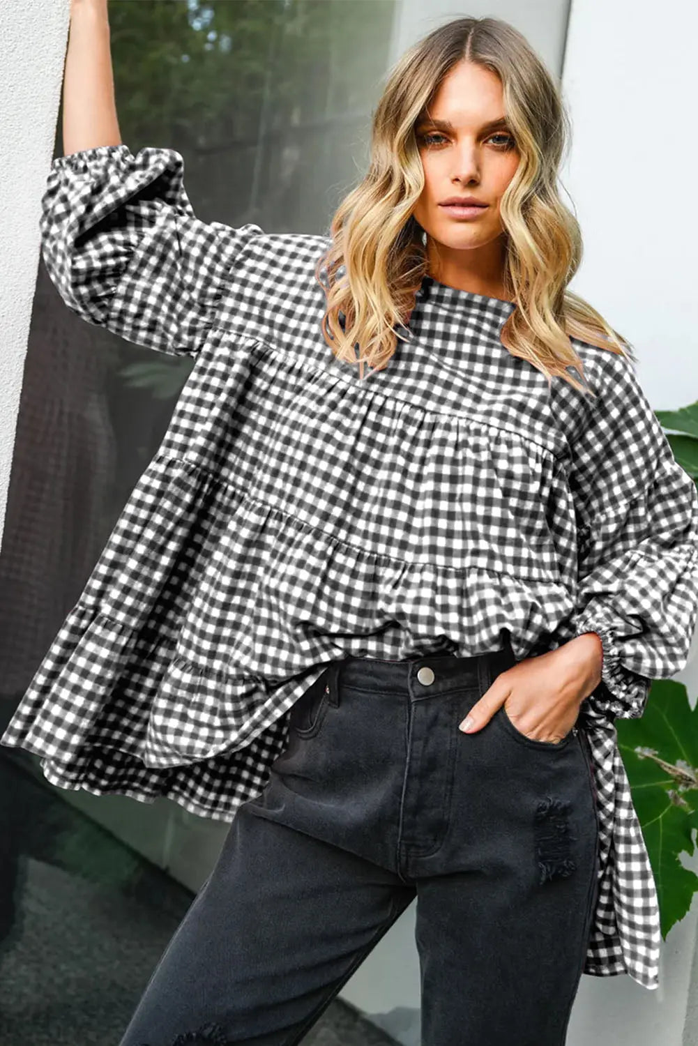 Black Checkered Puff Sleeve Tiered Loose Babydoll Blouse eAura