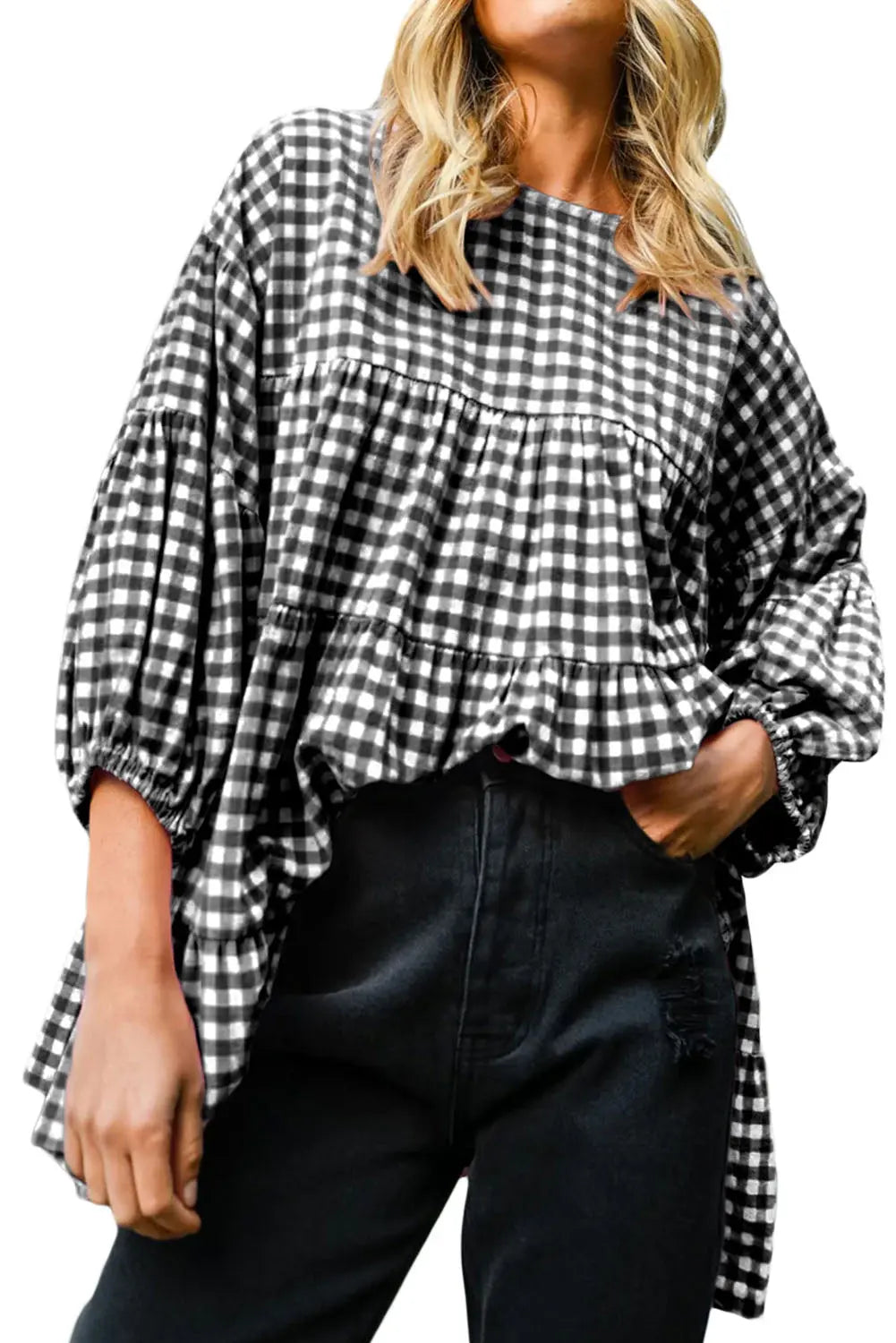 Black Checkered Puff Sleeve Tiered Loose Babydoll Blouse eAura