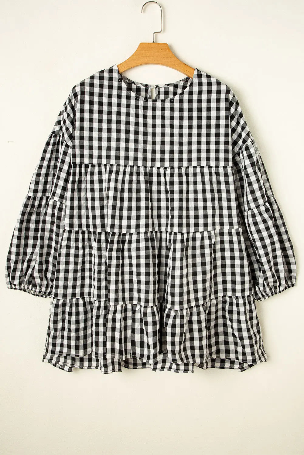 Black Checkered Puff Sleeve Tiered Loose Babydoll Blouse eAura