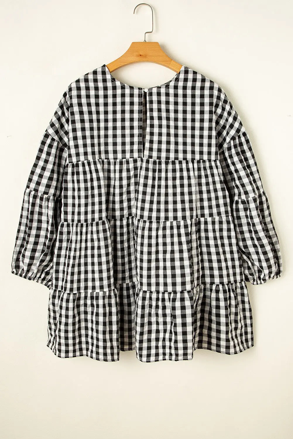 Black Checkered Puff Sleeve Tiered Loose Babydoll Blouse eAura