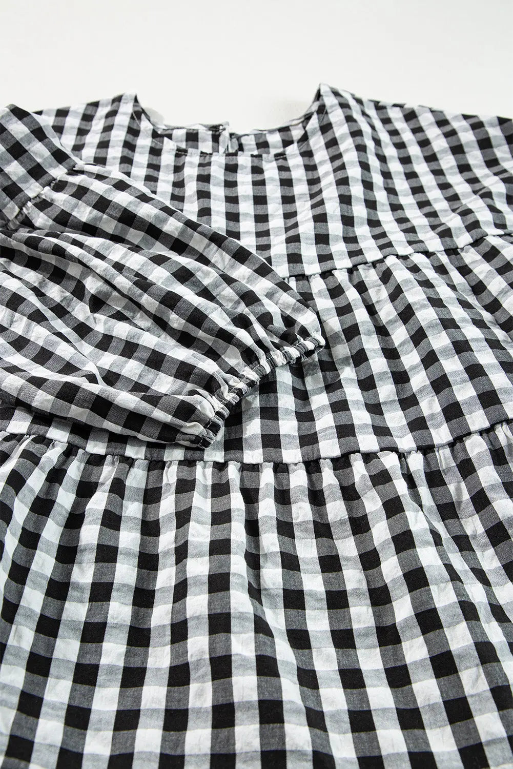 Black Checkered Puff Sleeve Tiered Loose Babydoll Blouse eAura
