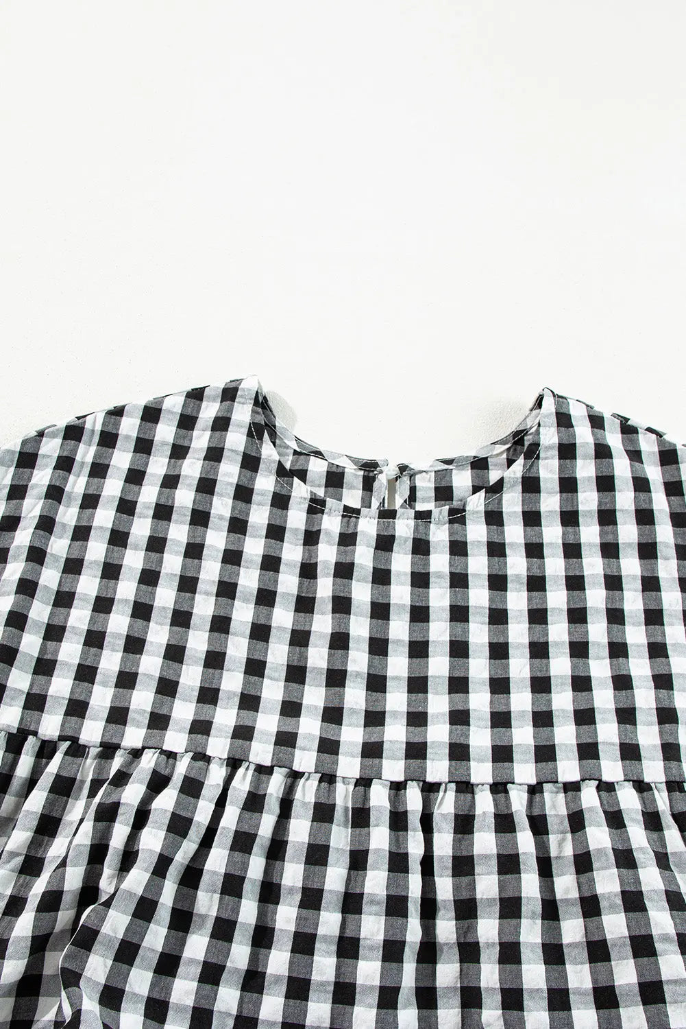 Black Checkered Puff Sleeve Tiered Loose Babydoll Blouse eAura