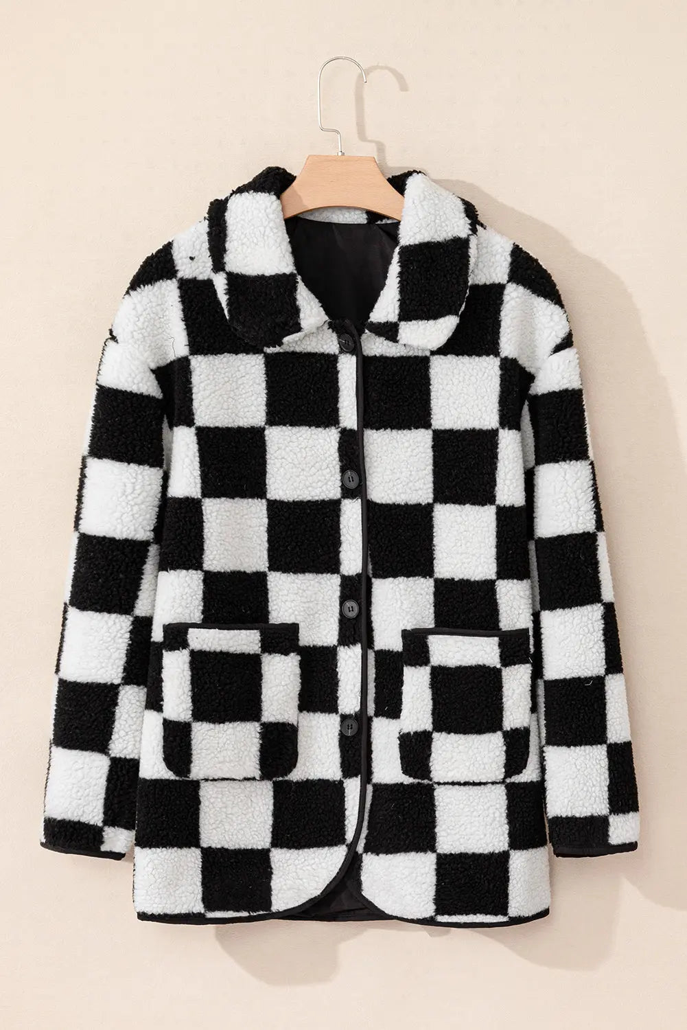 Black Checkered Side Pockets Collared Buttoned Fleece Jacket - eAura