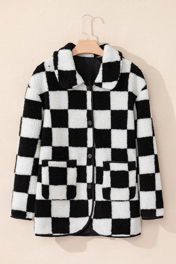 Black Checkered Side Pockets Collared Buttoned Fleece Jacket - Outerwear/Jackets