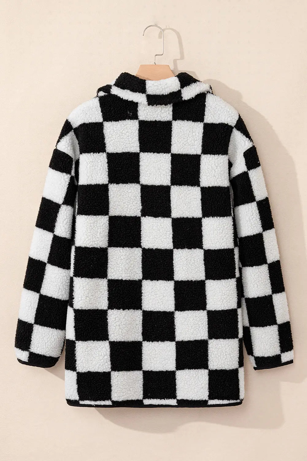 Black Checkered Side Pockets Collared Buttoned Fleece Jacket - eAura