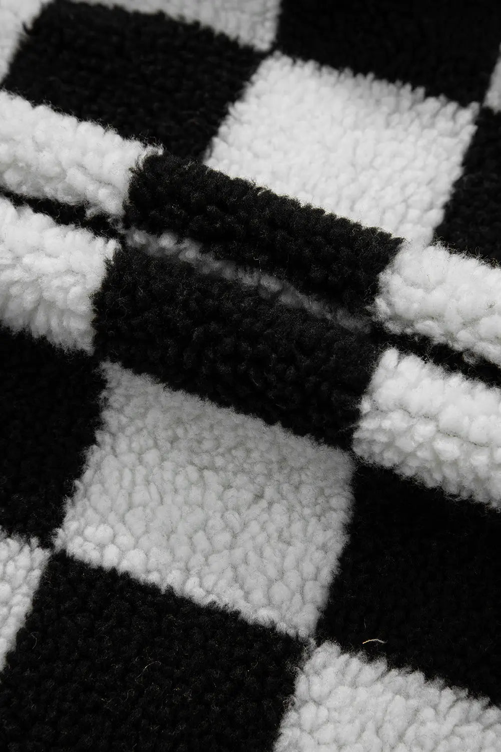 Black Checkered Side Pockets Collared Buttoned Fleece Jacket - eAura