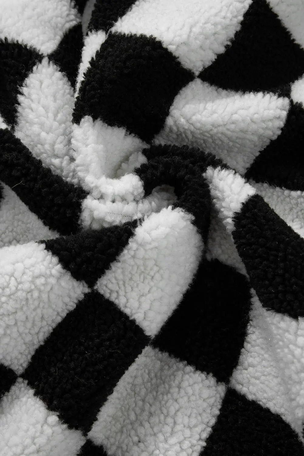 Black Checkered Side Pockets Collared Buttoned Fleece Jacket - eAura