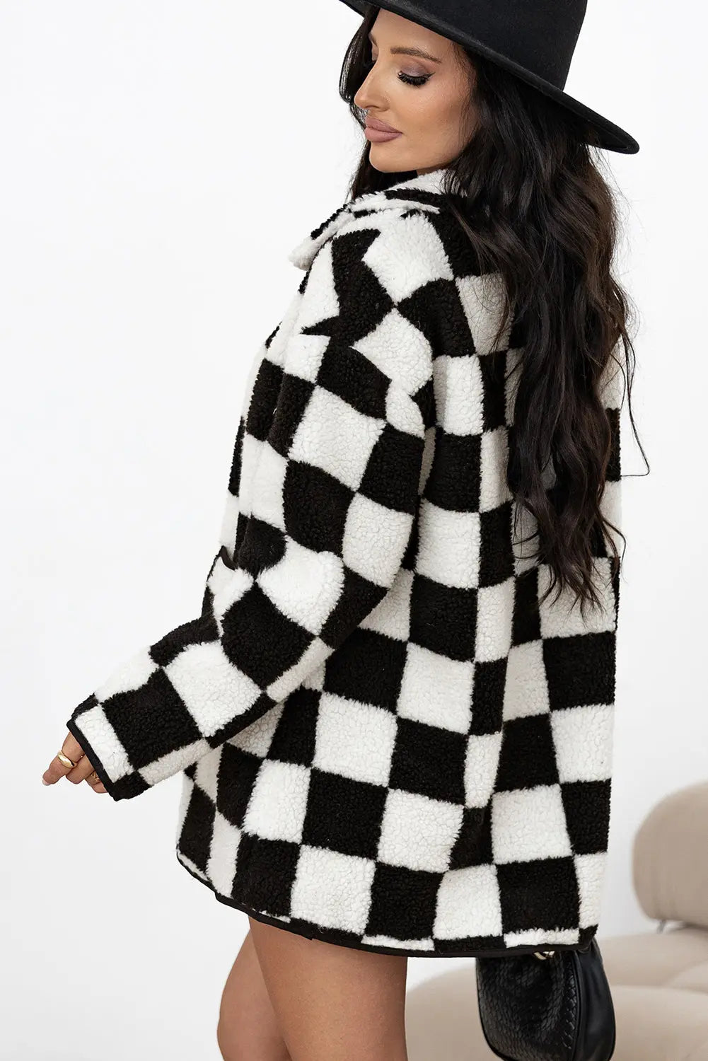 Black Checkered Side Pockets Collared Buttoned Fleece Jacket - eAura