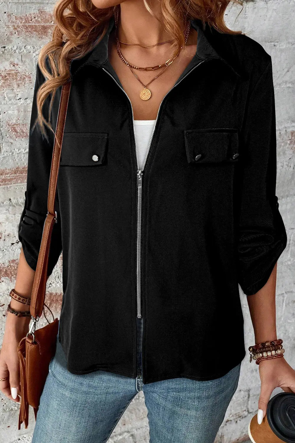 Black Collar Tab Sleeve Zip Up Flap Detail Jacket Beagle Boutique Fashion Outlet