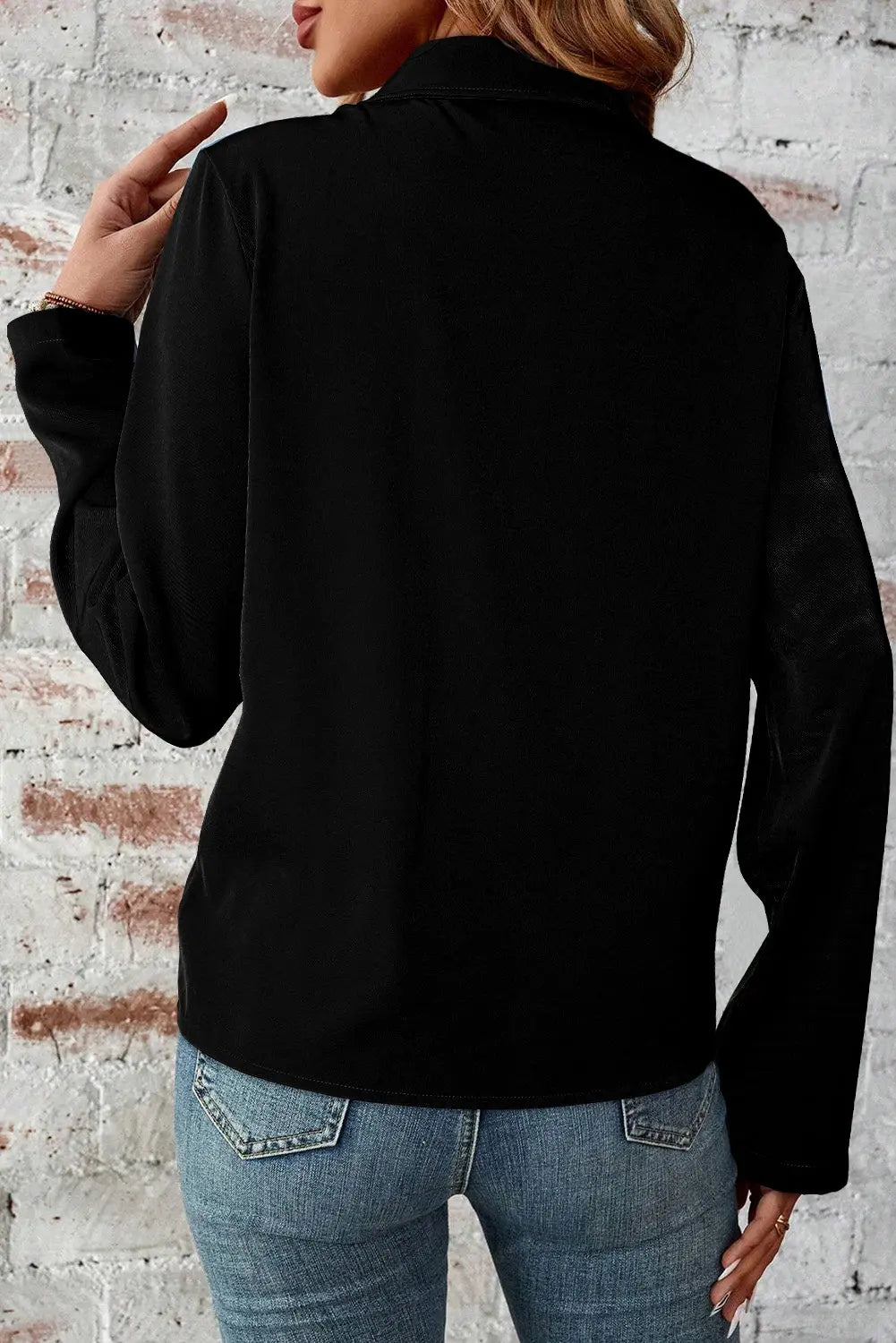 Black Collar Tab Sleeve Zip Up Flap Detail Jacket Beagle Boutique Fashion Outlet