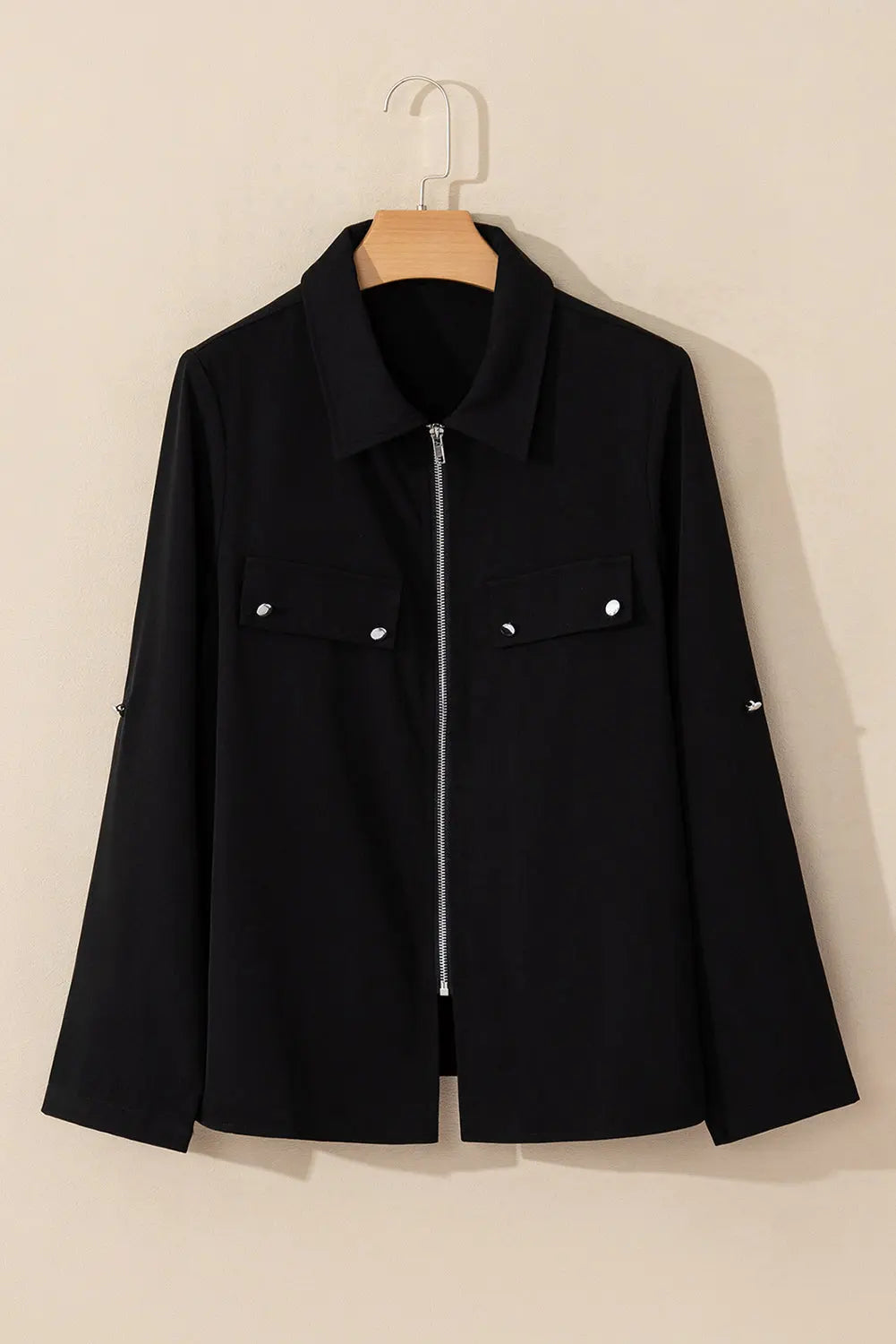 Black Collar Tab Sleeve Zip Up Flap Detail Jacket Beagle Boutique Fashion Outlet
